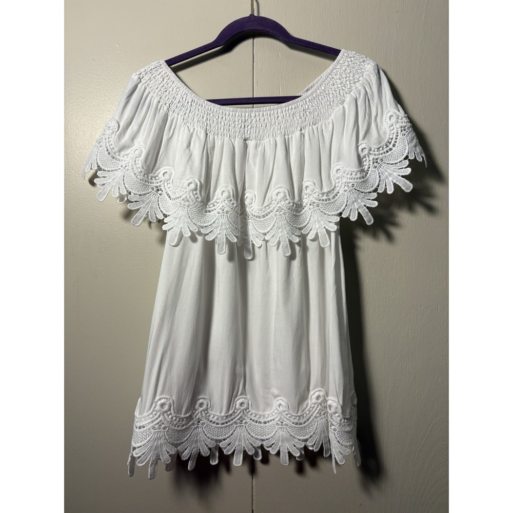 Vivid New York White Off Shoulder Lace Trim L Boho‎ Coastal Resort Beachy Garden